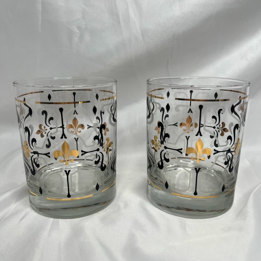 🥃 2 Lowball Rocks Old Fashioned Glasses Black Gold Fleur-de-lis vintage EUC MCM - Picture 15 of 16